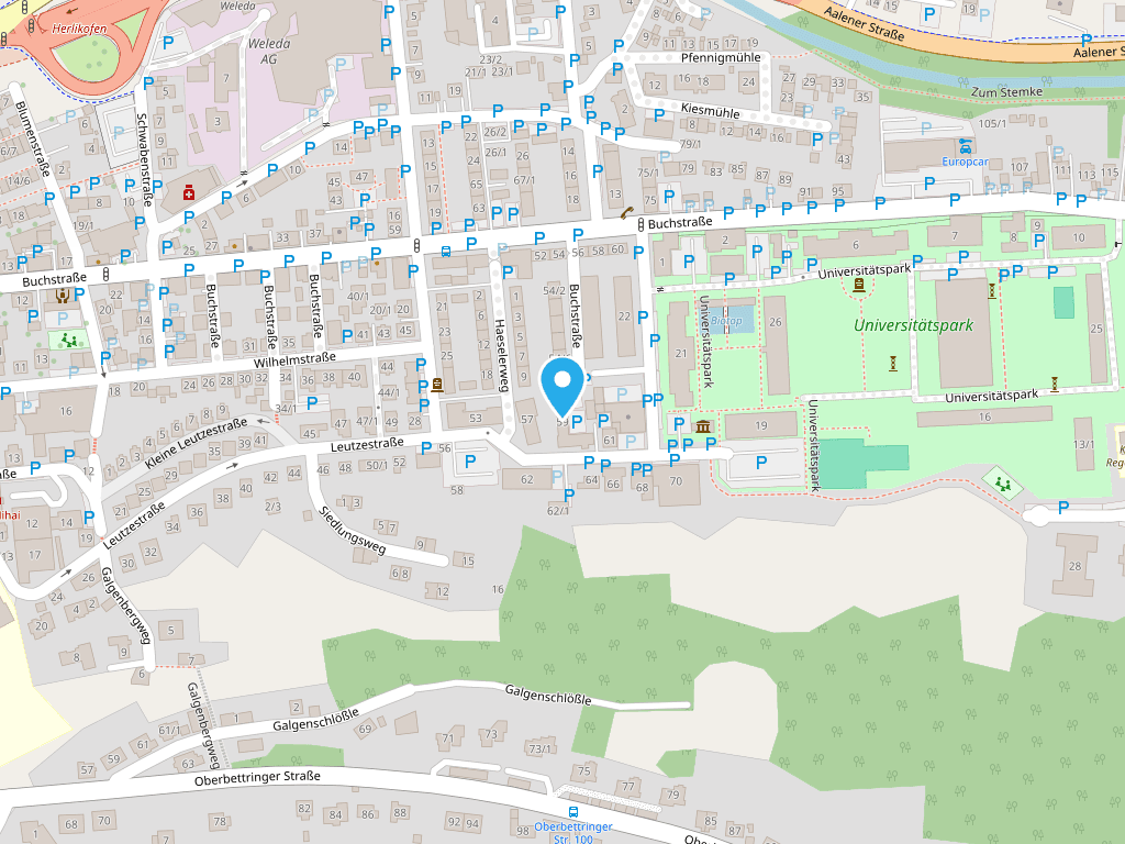 Kartenausschnitt mit dem Vereinsheim in der Leutzestraße, südlich des Universitätsparks Schwäbisch Gmünd